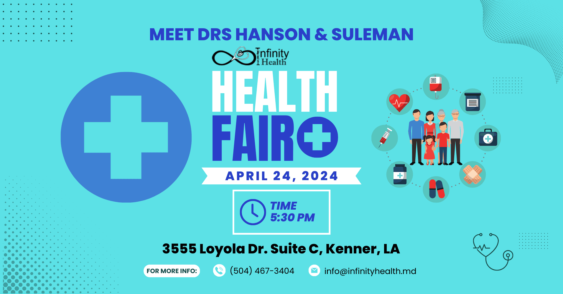 Promotional flyer for a health fair on April 24, 2024, at 5:30 PM, located at 3555 Loyola Dr. Suite C, Kenner, LA. Includes event details and contact info for Infinity Health.