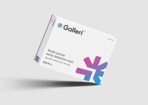 Box of Galleri multi-cancer early detection test on a plain background.