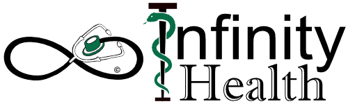 Logo featuring a stethoscope forming an infinity symbol and a green snake wrapped around a staff, with the text "Health.