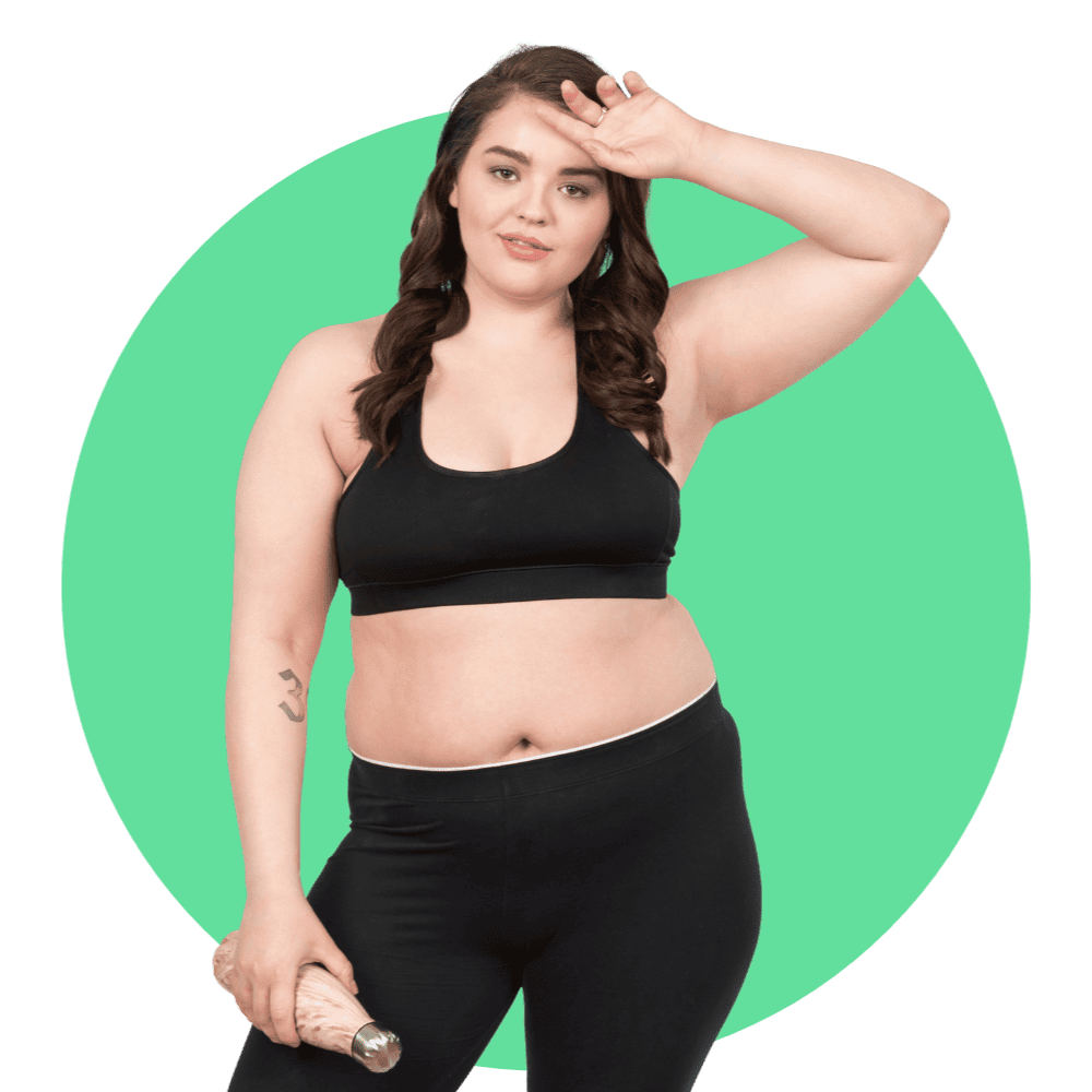 Woman in workout attire holds a rolling pin, standing against a green circle background.