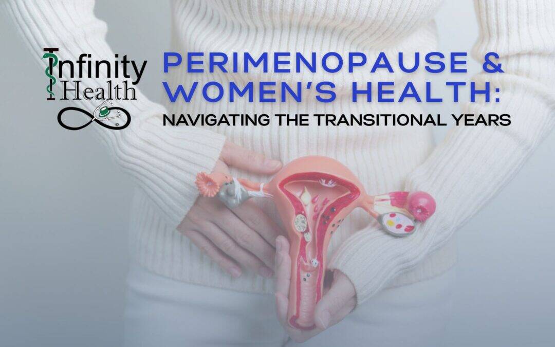 A person in a white sweater holds a model of the female reproductive system; text reads "Perimenopause & Women's Health: Navigating the Transitional Years. Infinity Health" is also shown.