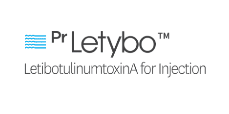 Logo for "Pr Letybo," a botulinum toxin type A product for injection. The text is in black with a blue wave design to the left of the word "Pr. Logo for "Pr Letybo," a botulinum toxin type A product for injection. The text is in black with a blue wave design to the left of the word "Pr.