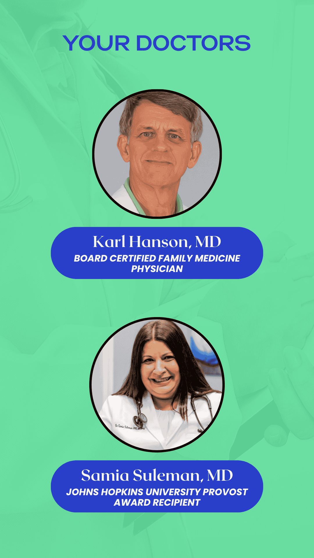 Profiles for Dr. Karl Hanson, Board Certified Family Medicine Physician, and Dr. Samia Suleman, Johns Hopkins University Provost Award Recipient.
